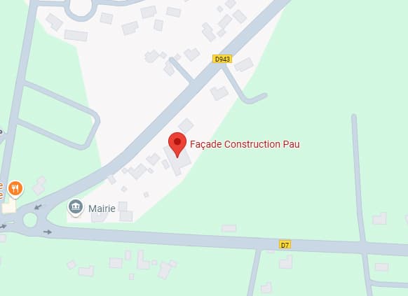 Carte Google Maps de Façade Construction Pau, montrant son emplacement sur la D943, près de la Mairie et de la D7.