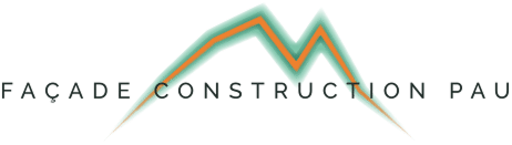 Logo Façade Construction Pau avec montagnes stylisées vert-turquoise et trait orange. Texte gris foncé sur fond noir.