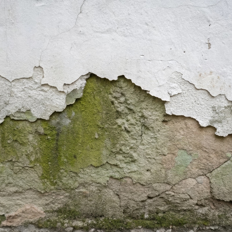 Mur ancien à l'enduit blanc écaillé, révélant une surface fissurée et couverte de mousse verte. Texture brute et dégradée.