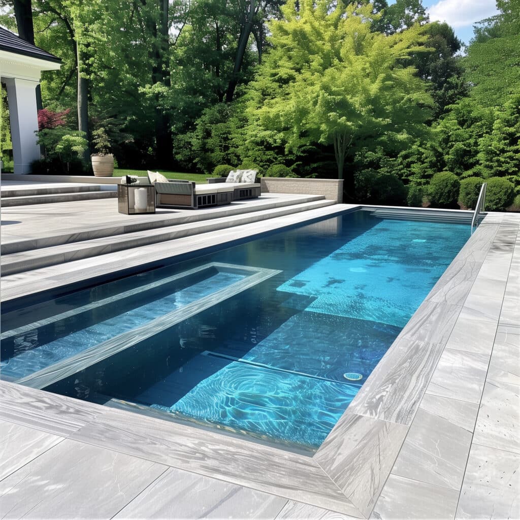 Piscine moderne rectangulaire avec bassin et spa intégrés, entourée d'une terrasse carrelée gris clair, coin salon et jardin luxuriant.