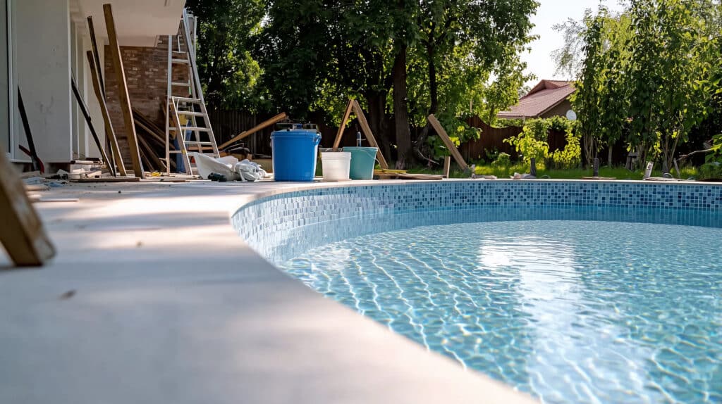 Piscine en construction avec mosaïque bleue et eau claire, bord de terrasse. Matériaux de chantier, échelle et arbres au fond.