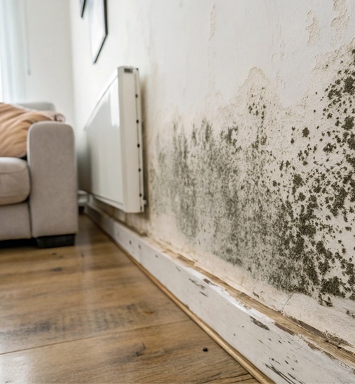 Mur blanc couvert de moisissure noire étendue, avec radiateur et plinthe abîmée. Un canapé est visible à gauche. Indique des problèmes d'humidité.
